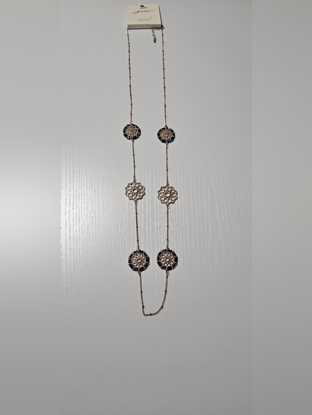 JM Collection Silver Long Floral Medallion Necklace with Black Accents